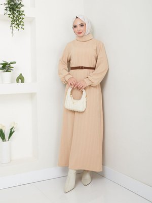 Bej Kemerli Balıkçı Yaka Elbise Bej Kemerli Balıkçı Yaka Elbise
