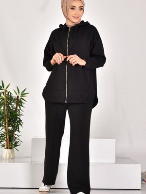 Siyah Scuba Kumaş Cepli Ve Fermuarlı İkili Takım