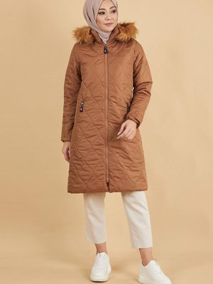 Fermuarlı Kapitone Şişme Mont Taba