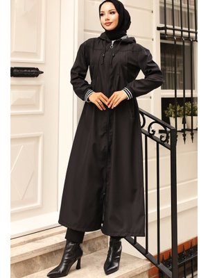 Siyah Mevsimlik Kapüşonlu Trençkot