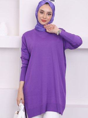 Koyu Lila Bisiklet Yaka İnce Merserize Salaş Triko Tunik Koyu Lila Bisiklet Yaka İnce Merserize Salaş Triko Tunik