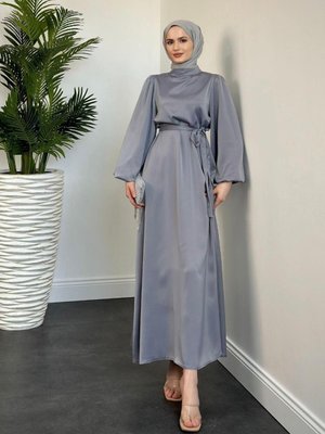 Dimitra Balon Kol Saten Elbise Gri Dimitra Balon Kol Saten Elbise Gri