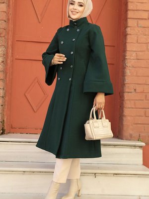 Kemerli Zümrüt Yeşili Kaşe Kaban