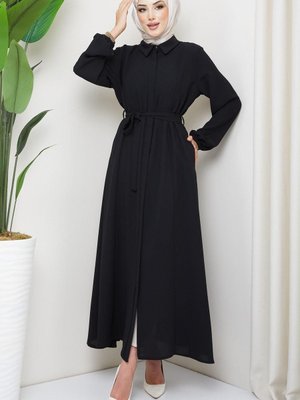 Gömlek Yaka Kuşaklı Ferace Siyah