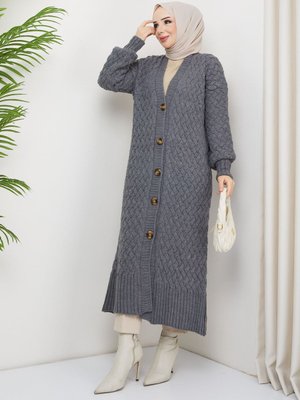 Antrasit Sepet Örgü Düğmeli Tam Boy Triko Hırka