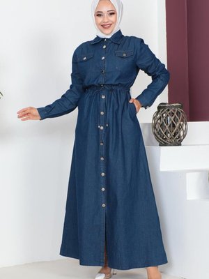 Koyu Lacivert Yaka Detaylı Kot Elbise