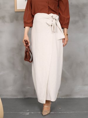 Taş Rengi Baglamalı Keten Etek