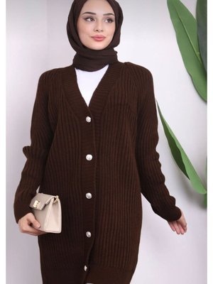 Kadın Tesettür Uzun Düğmeli Triko Hırka