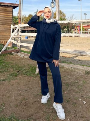 Kapüşonlu Sweat Eşofman Sade Basic Spor Takım Lacivert