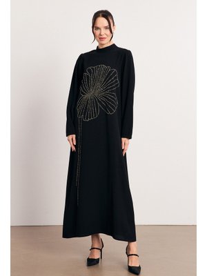 Siyah Taş İşleme Detaylı Abiye Elbise