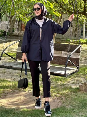 Lacivert Kapüşonlu Önü Baglamalı Kimono