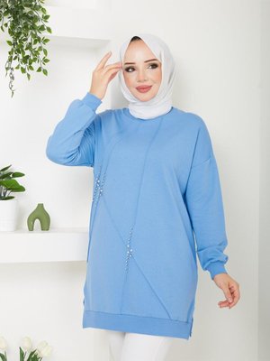 Bisiklet Yaka Uzun Sweatshirt Taşlı