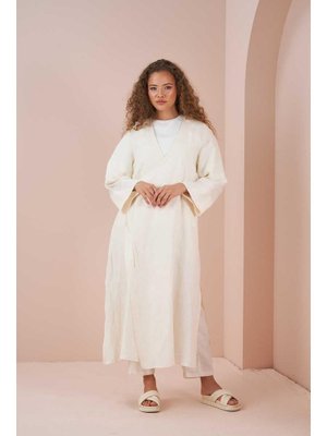 Ekru Uzun Kimono Keten Ceket