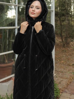 Kapitone Tam Boy Beli Bağcıklı Kapüşonlu Birinci Sınıf Kumaş Kaban Mont