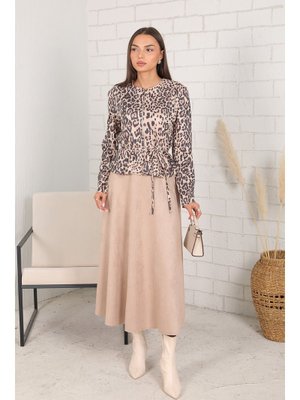 Bej Leopar Süet Etekli Takım