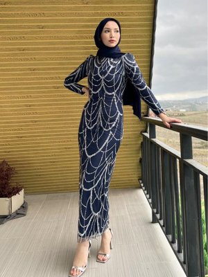 Ağ Desenli Simli Pırıltılı Abiye Elbise Lacivert