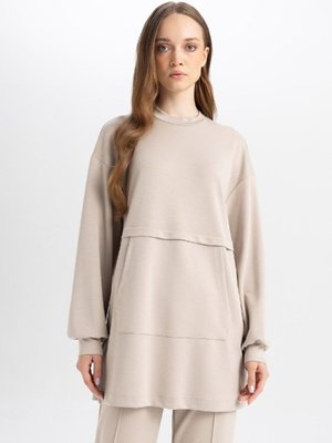 Regular Fit Bisiklet Yaka Kanguru Cepli Basic Düz Sweatshirt Tunik B0039ax24au