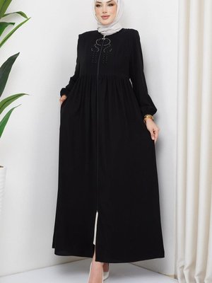 Boncuklu Büzgülü Ferace Siyah