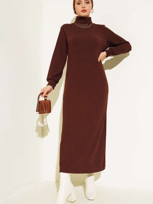 Fitilli Balıkçı Yaka Elbise Kahve