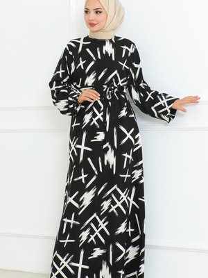 Siyah Beli Kuşaklı Fırça Desenli Elbise
