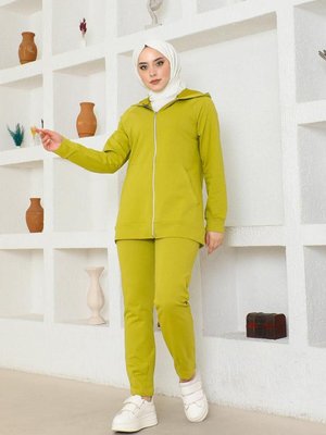 Kapüşonlu Cep Detaylı Eşofman Takımı Olive Yeşili