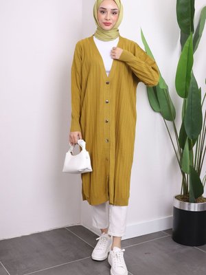 Yağ Yeşili Düğmeli Uzun Triko Merserize Hırka Yağ Yeşili Düğmeli Uzun Triko Merserize Hırka