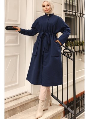 Lacivert Yakası Düğme Detaylı Kuşaklı Trençkot