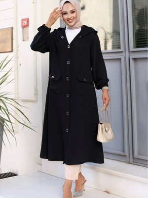 Önü Cep Detaylı Kapüşonlu Kare Çıt Düğmeli Uzun Kap Tunik