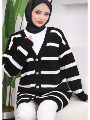 Kadın Tesettür İki Renkli Uzun Düğmeli Triko Hırka