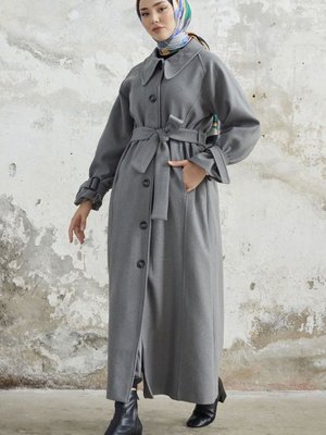 Blair Yakalı Kuşaklı Kaşe Kaban Gri