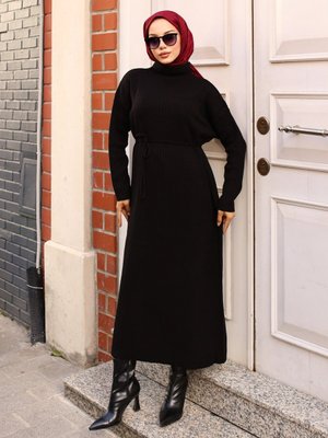 Siyah Fitilli Boydan Elbise