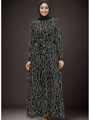 Renkli Desen Kuşaklı Viskon Elbise Renkli Desen Kuşaklı Viskon Elbise