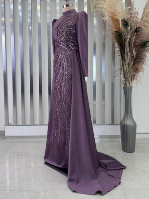 Lila Yaprak Abiye Elbise