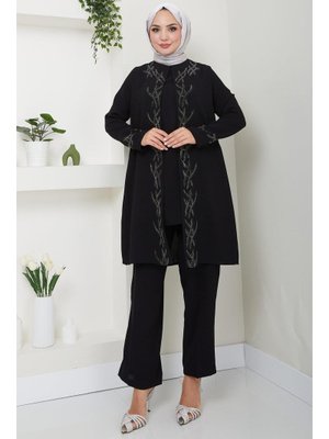 Siyah Zarif Taş Detaylı Büyük Beden Takım İkili Anne Takımı