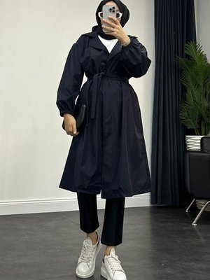 Balon Kol Belden Bağlamalı Trençkot Lacivert Balon Kol Belden Bağlamalı Trençkot Lacivert