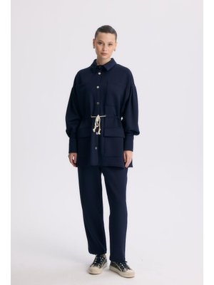 Lacivert Semy Belden Bağlamalı Cep Detay Takım