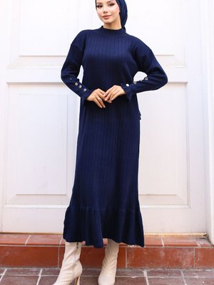 Fırfırlı Triko Elbise Lacivert