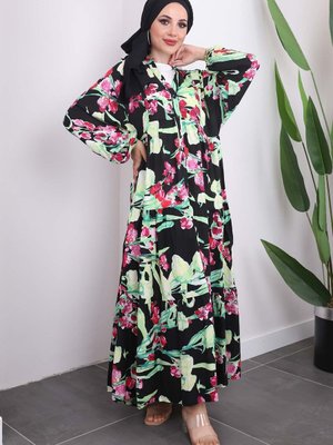 Siyah Yeşil Yarım Düğmeli Eteği Katlı Viscon Elbise Siyah Yeşil Yarım Düğmeli Eteği Katlı Viscon Elbise