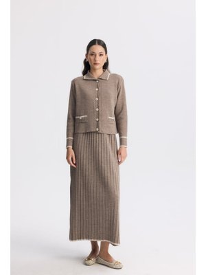 Vizon Kontrast Gold Düğmeli Piliseli Etekli Triko Takım