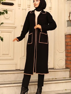 Zikzak Detaylı Uzun Cepli Triko Hırka Siyah