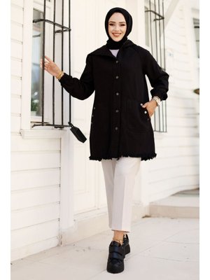 Siyah Kapüşonlu Cepli Kot Kap