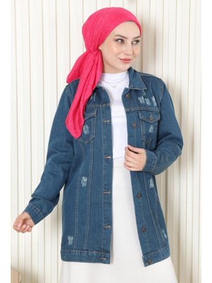 Petrol Düğmeli Kot Ceket