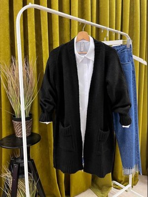 Siyah Kol Katmanlı Cepli Salaş Triko Tunik Uzun Hırka