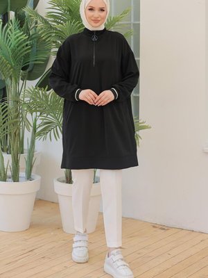 Armine Trend Kolları Ribanalı Yarım Fermuarlı Tunik Siyah Armine Trend Kolları Ribanalı Yarım Fermuarlı Tunik Siyah