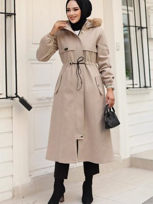 Bej Tünel Detaylı Kaşe Kaban