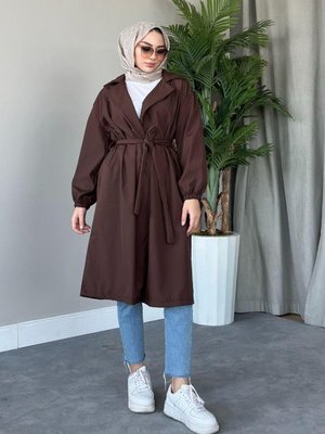 Balon Kol Belden Bağlamalı Trençkot Kahverengi Balon Kol Belden Bağlamalı Trençkot Kahverengi