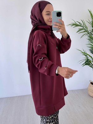 Halka Detaylı Oversize Scuba Sweatshirt Bordo