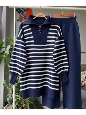 Çizgili Fermuar Yaka Triko Alt Üst Takım