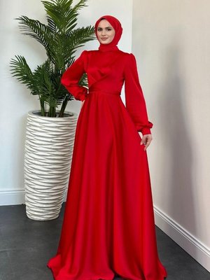 Samantha Önü Çapraz Detay Saten Abiye Elbise Kırmızı