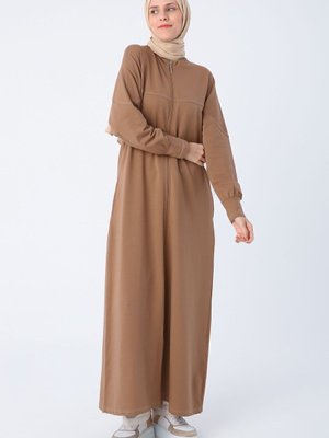 Kahve Pamuklu Arkası Cepli Hakim Yaka Fermuarlı Örme Ferace